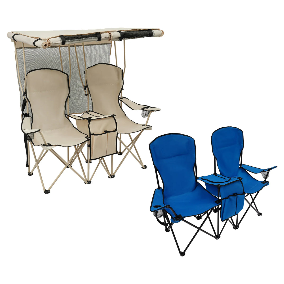 Portable Folding Two Seater Camping Loveseat With Canopy And Storage