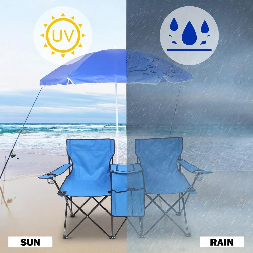 Folding Double Camping Chair With Umbrella And Cooler