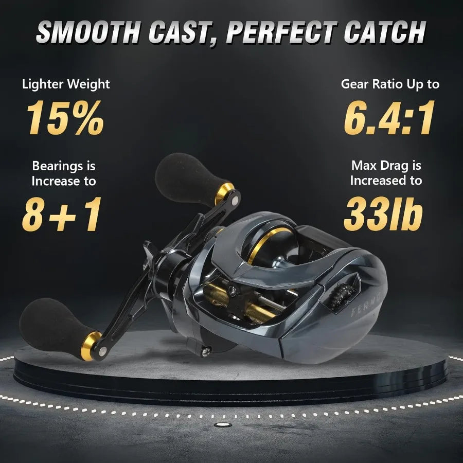 Versatile Baitcaster Fishing Reel Featuring 33 Lb Max Drag