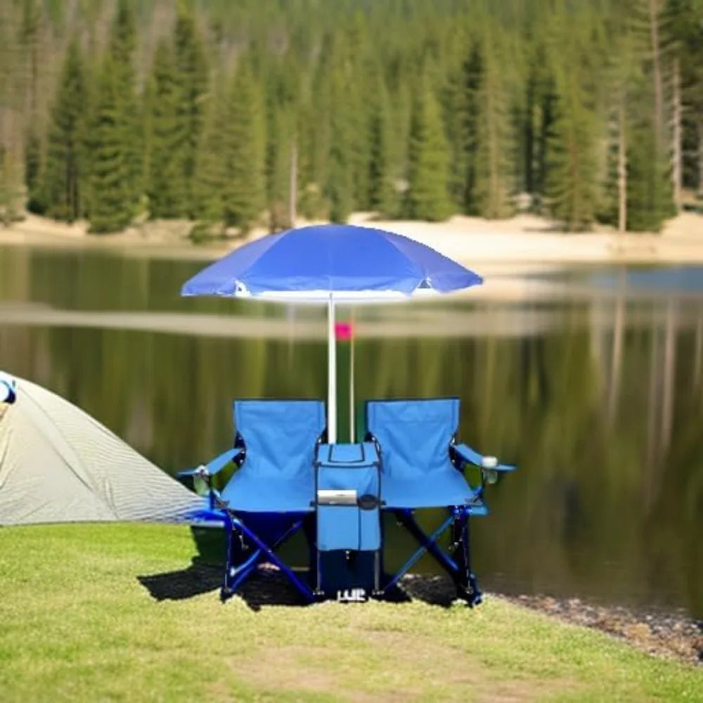 Folding Double Camping Chair With Umbrella And Cooler