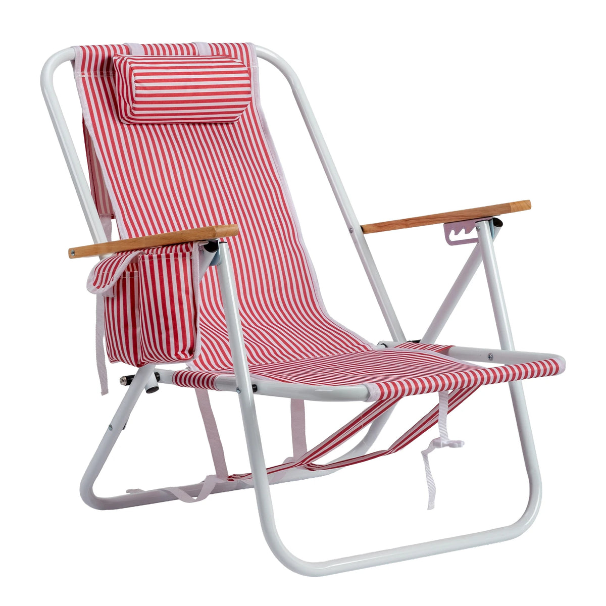 Adjustable Aluminum Folding Beach Chair With Wooden Armrests And Pillow