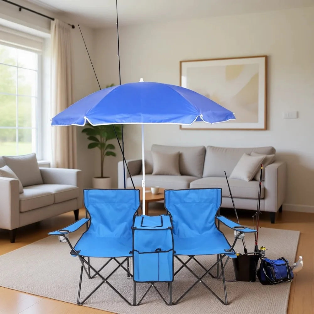 Folding Double Camping Chair With Umbrella And Cooler