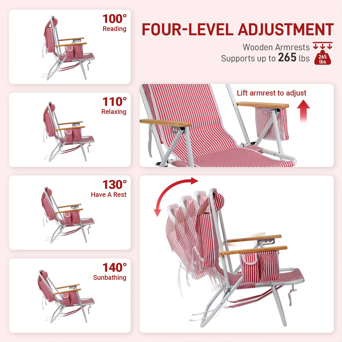 Adjustable Aluminum Folding Beach Chair With Wooden Armrests And Pillow