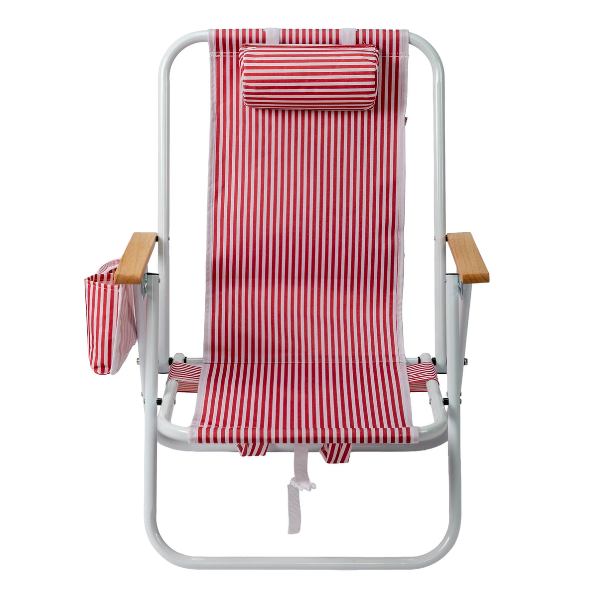Adjustable Aluminum Folding Beach Chair With Wooden Armrests And Pillow