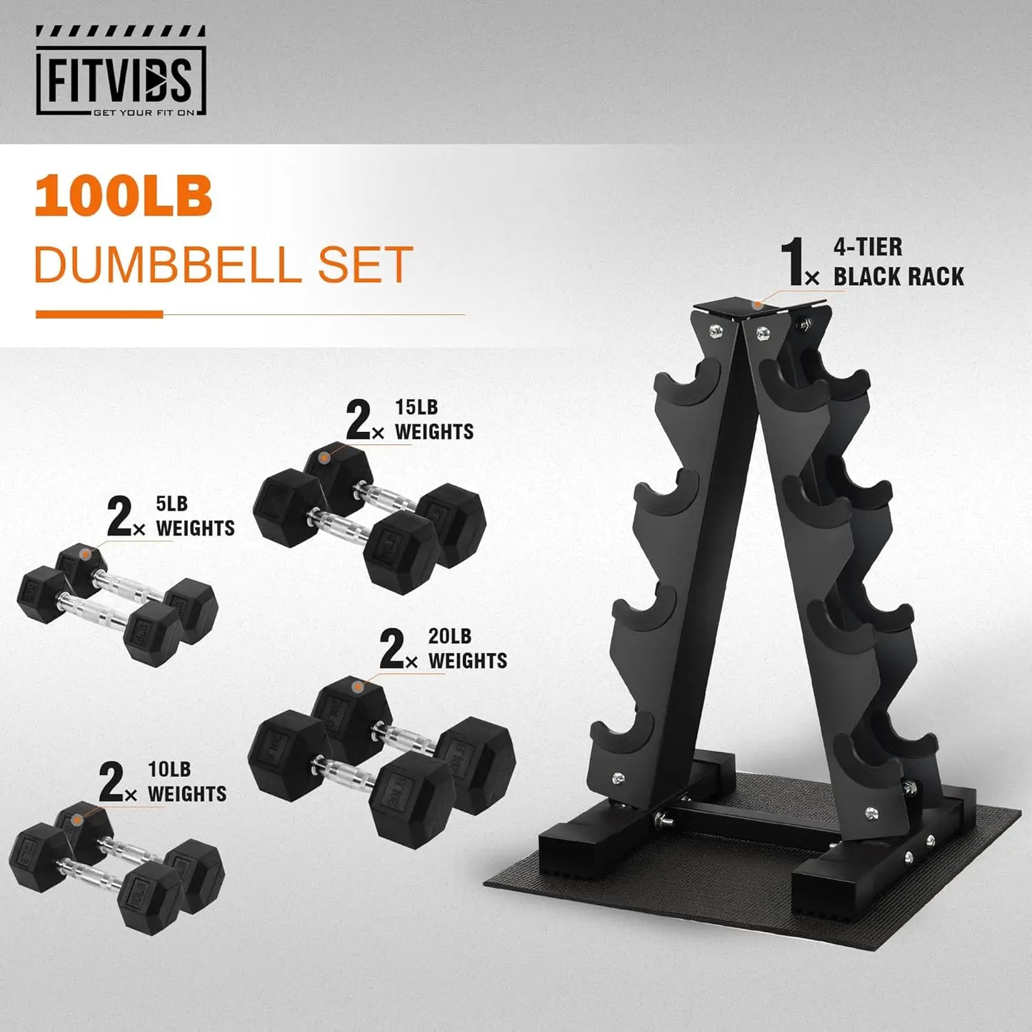 Rubber Coated Hex Dumbbell Set With Four Tier Storage Rack