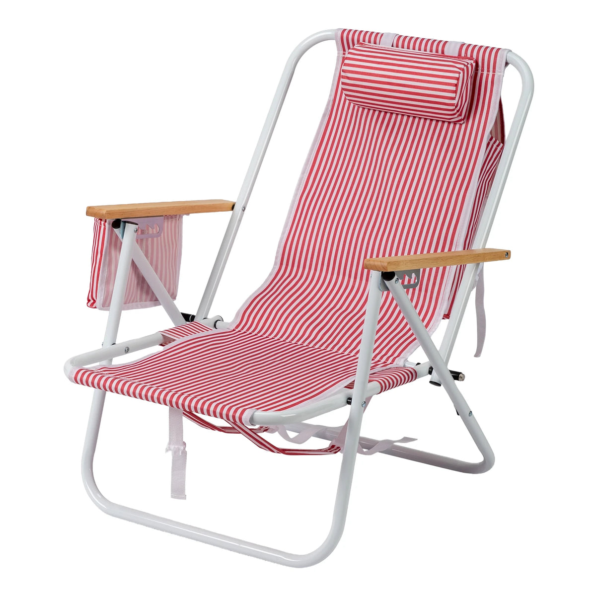 Adjustable Aluminum Folding Beach Chair With Wooden Armrests And Pillow
