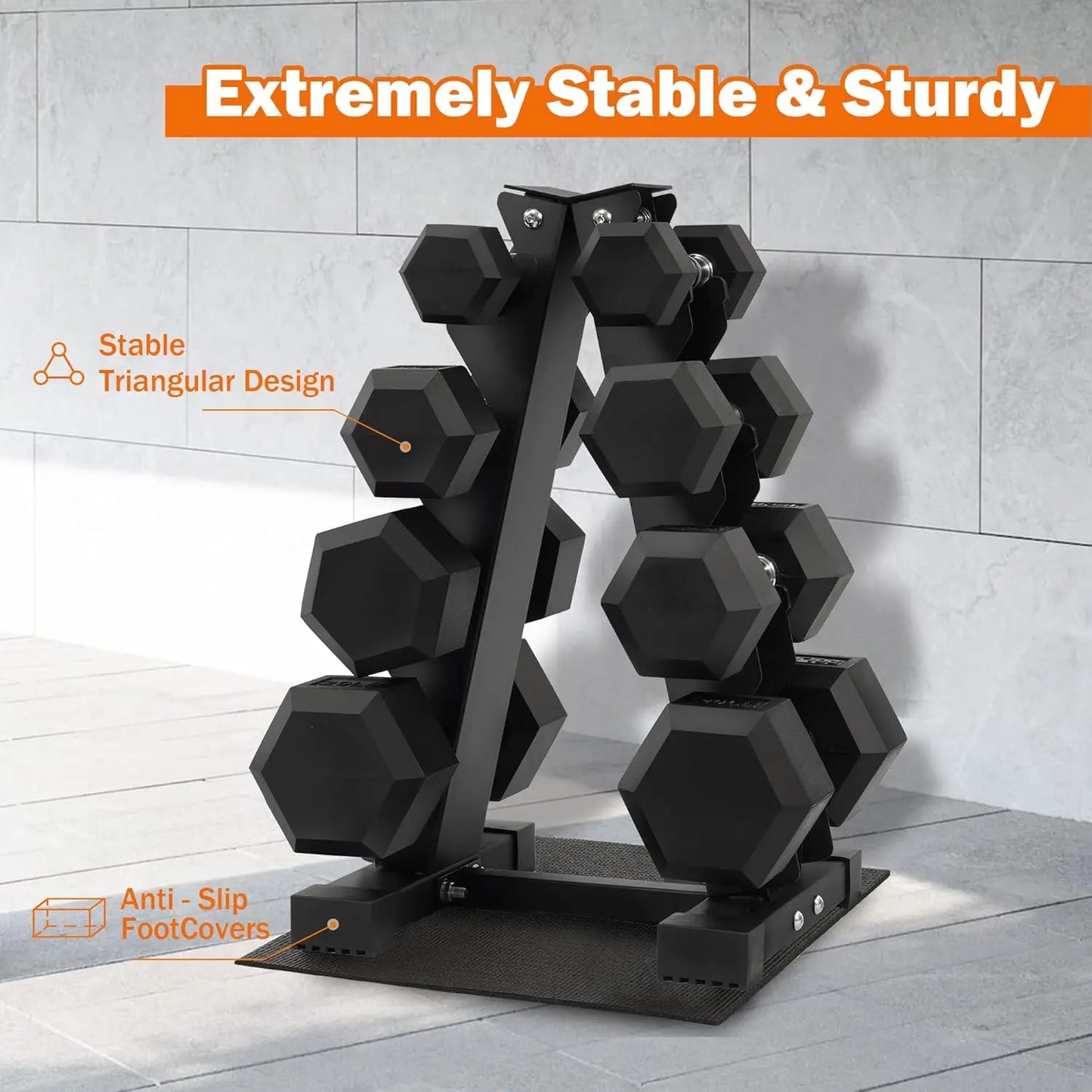 Commercial Grade Rubber Coated Hex Dumbbell Set With Storage Rack