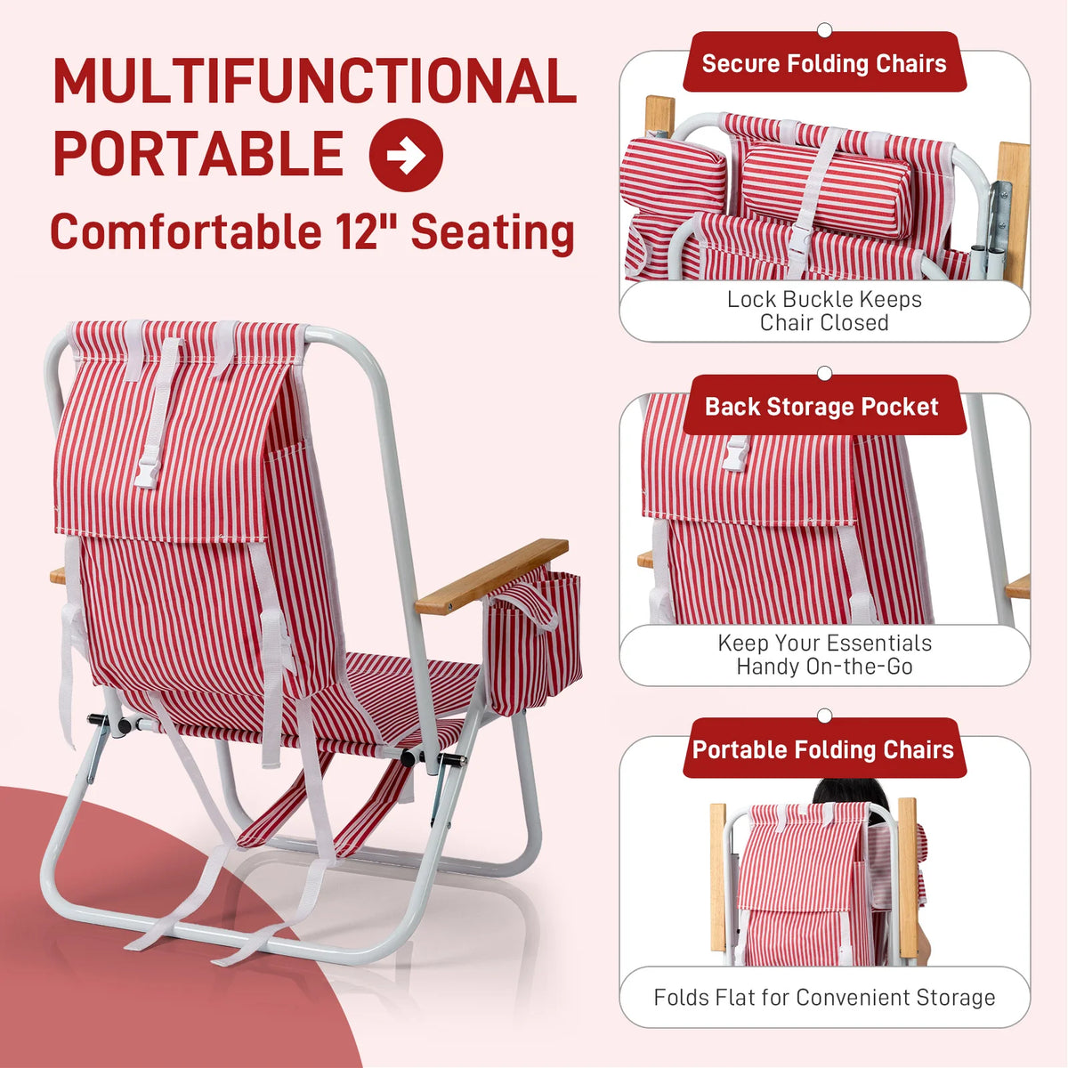 Adjustable Aluminum Folding Beach Chair With Wooden Armrests And Pillow