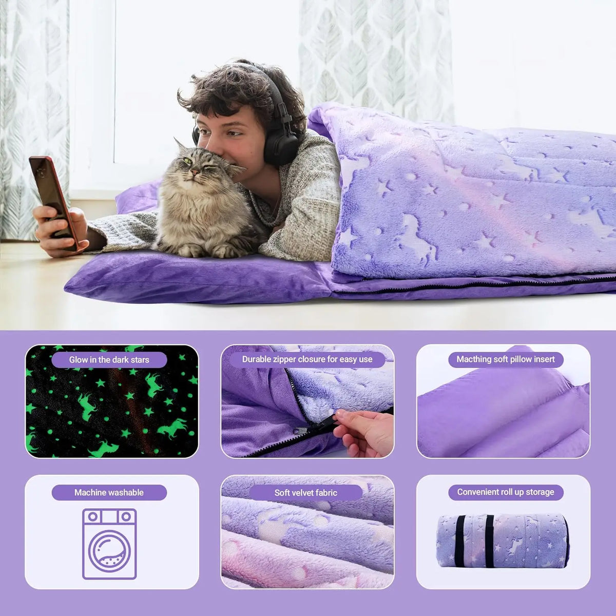 Glow In The Dark Truck Kids Sleeping Bag With Pillow