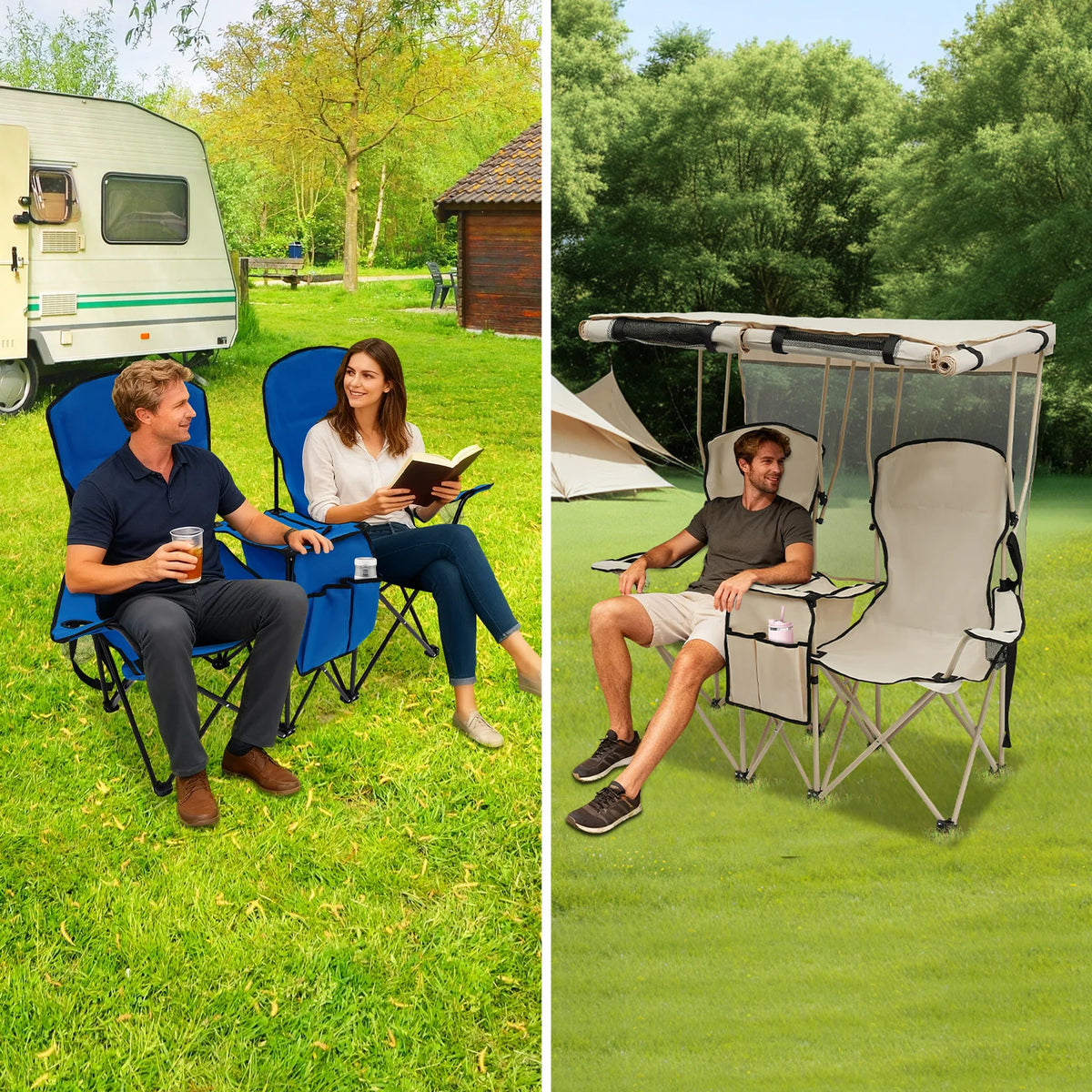 Portable Folding Two Seater Camping Loveseat With Canopy And Storage