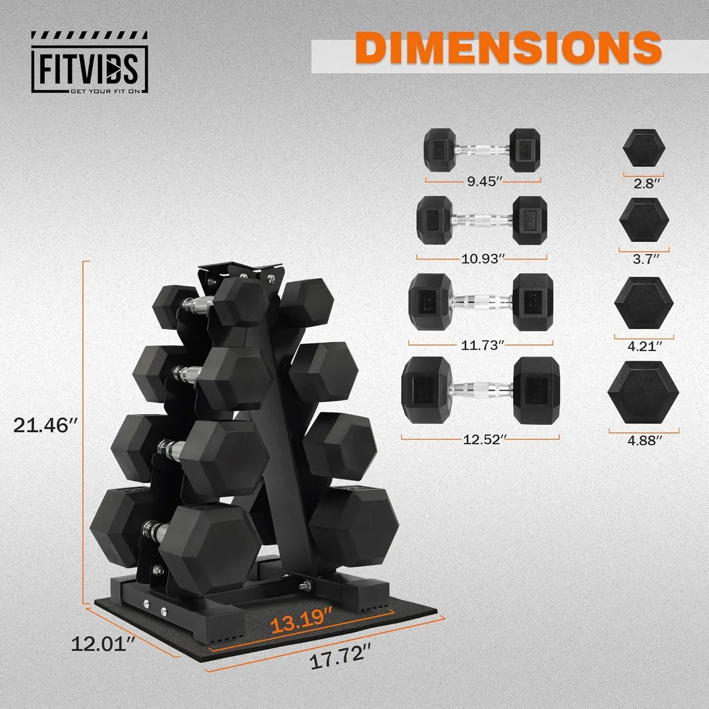 Commercial Grade Rubber Coated Hex Dumbbell Set With Storage Rack