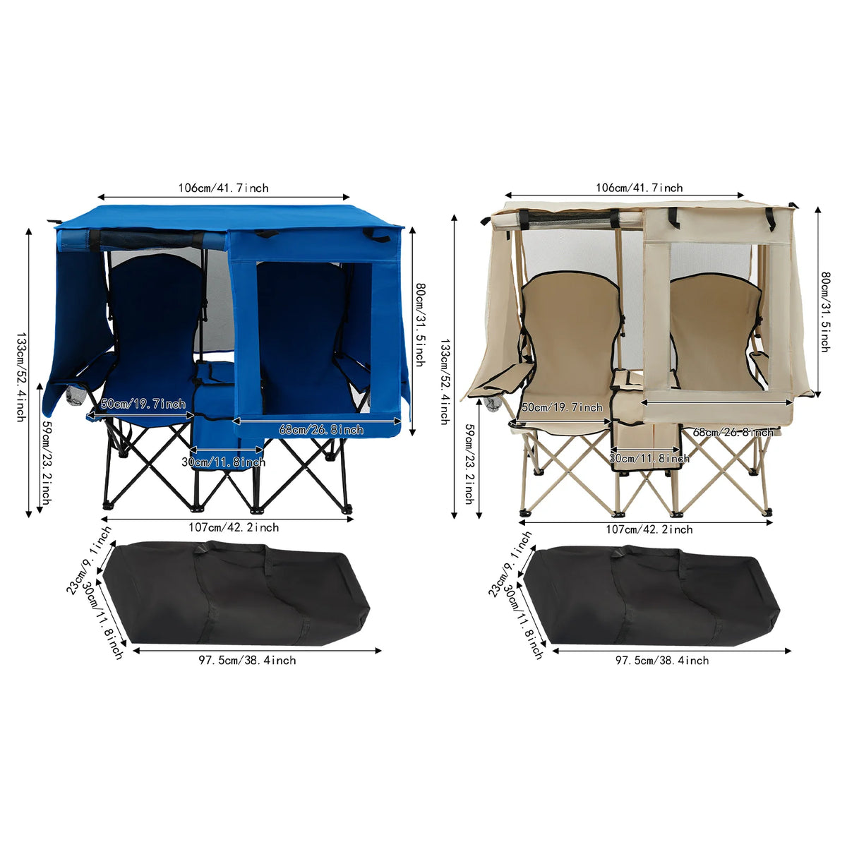 Portable Folding Two Seater Camping Loveseat With Canopy And Storage