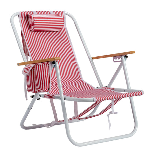 Adjustable Aluminum Folding Beach Chair With Wooden Armrests And Pillow