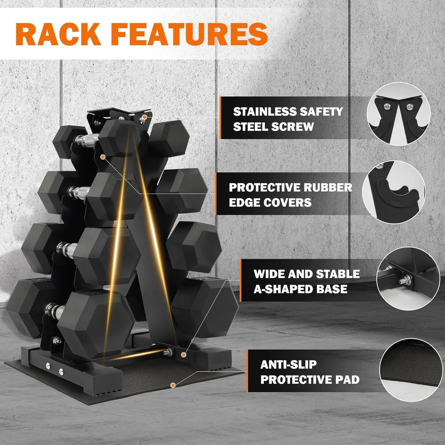 Commercial Grade Rubber Coated Hex Dumbbell Set With Storage Rack