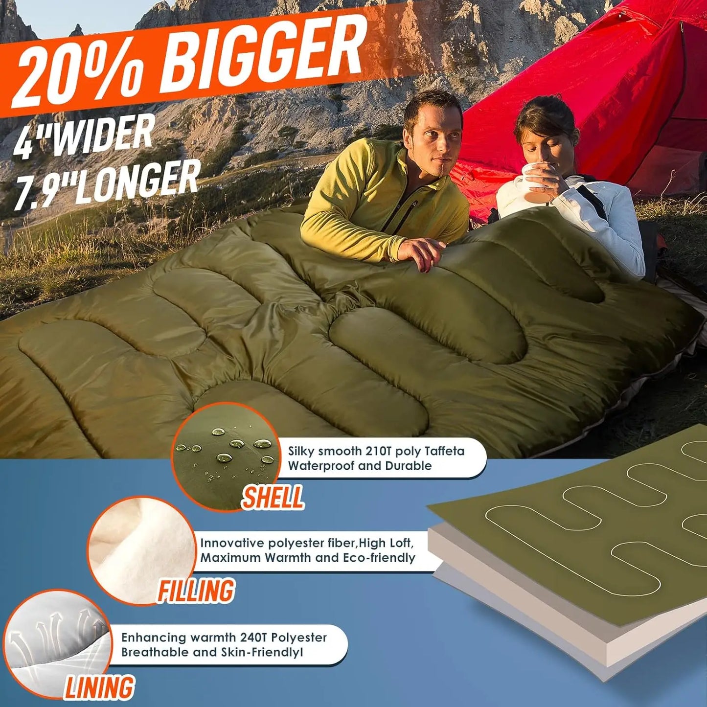 Double Camping Sleeping Bag Ultralight Waterproof 4 Season Warm Backpacking