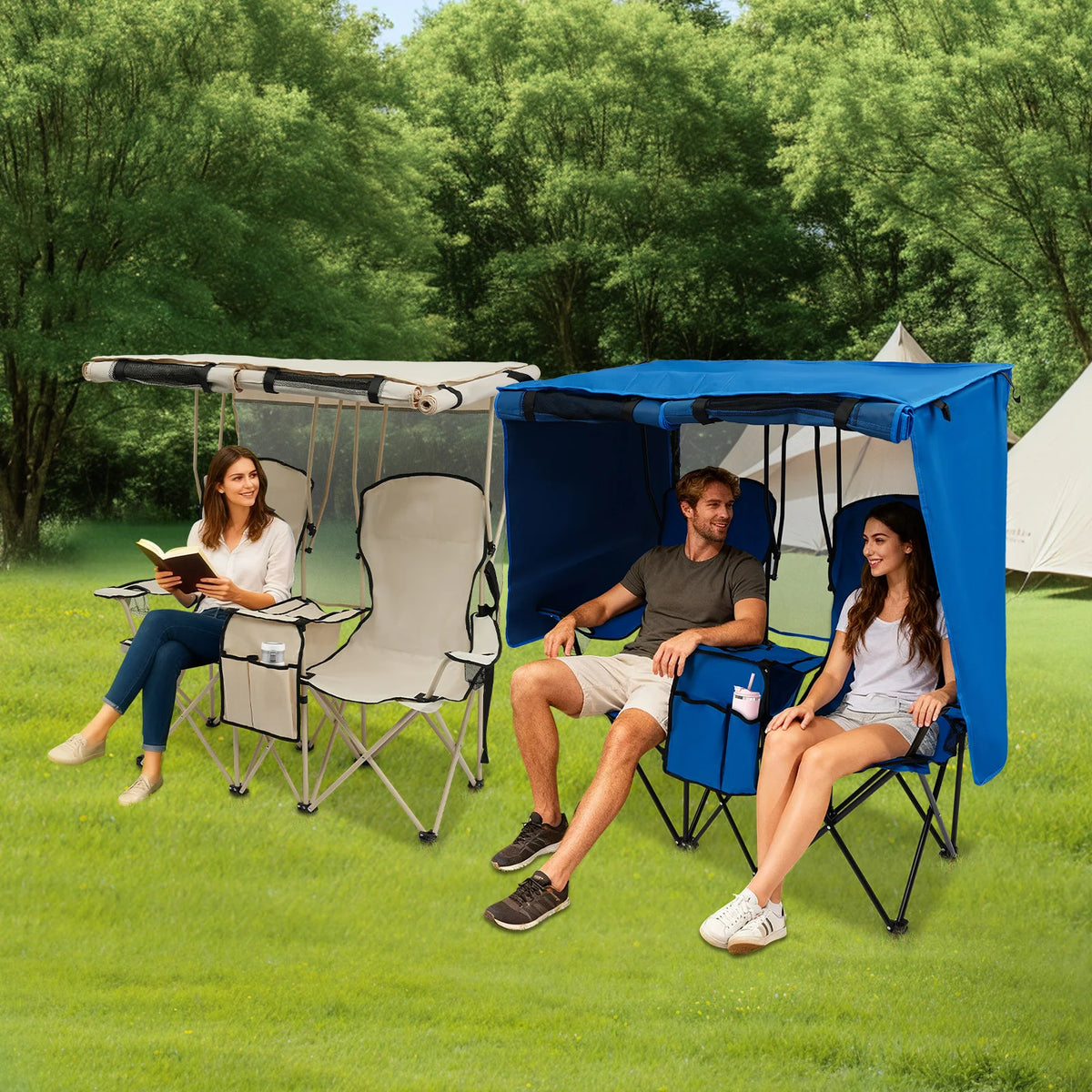 Portable Folding Two Seater Camping Loveseat With Canopy And Storage