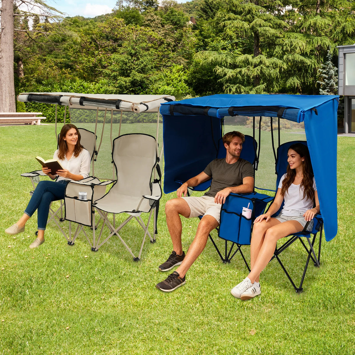 Portable Folding Two Seater Camping Loveseat With Canopy And Storage
