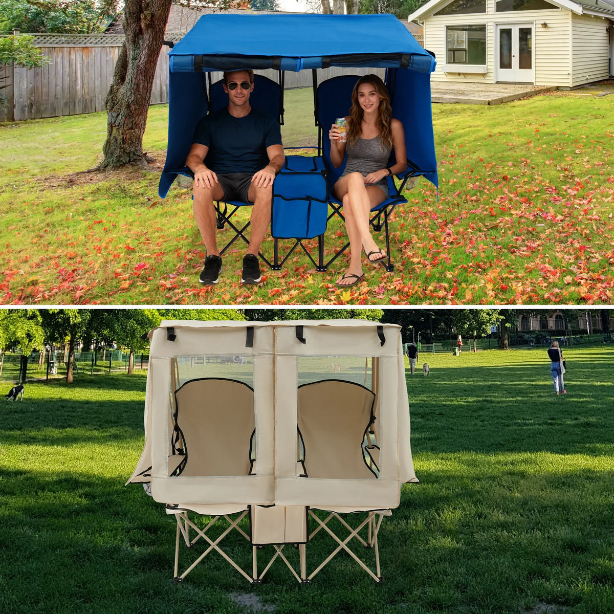 Portable Folding Two Seater Camping Loveseat With Canopy And Storage