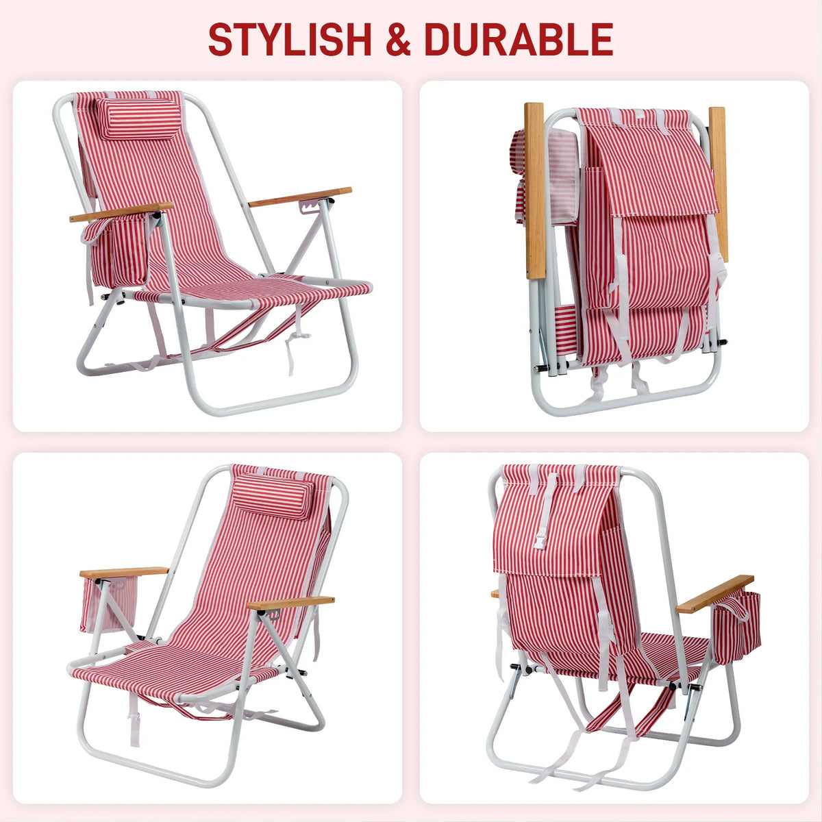Adjustable Aluminum Folding Beach Chair With Wooden Armrests And Pillow