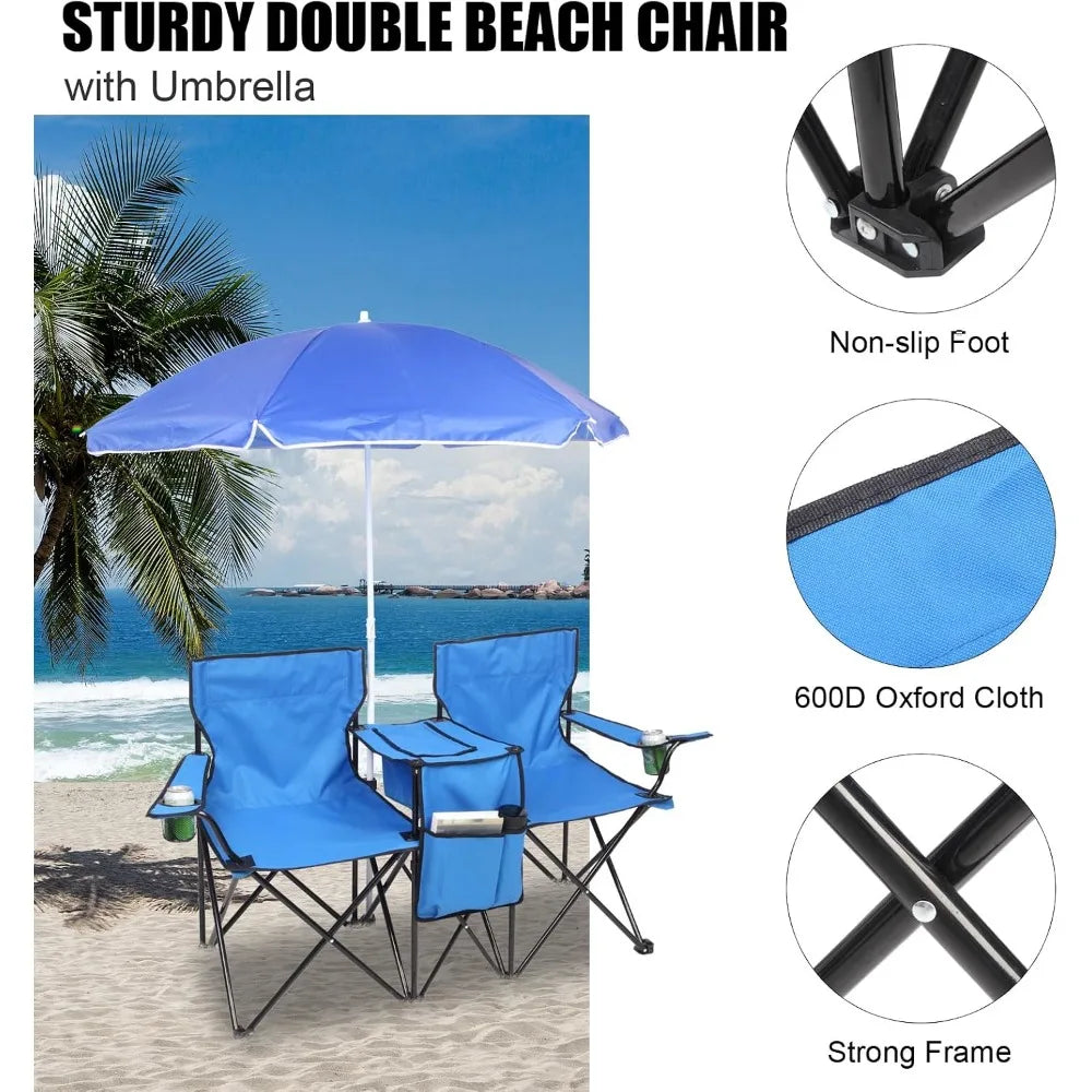 Folding Double Camping Chair With Umbrella And Cooler