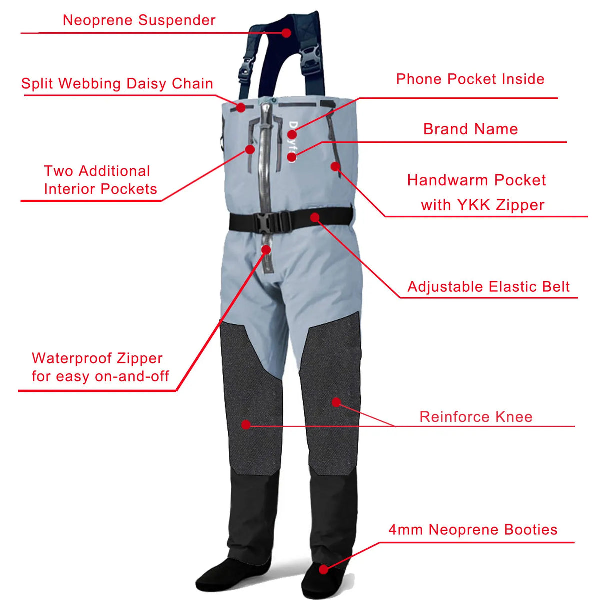 Drryfsh Men Breathable Zip Front Fishing Wading Pants